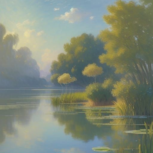 Tranquil Lake Scene of Ibises Catching Fish in Soft, Golden...