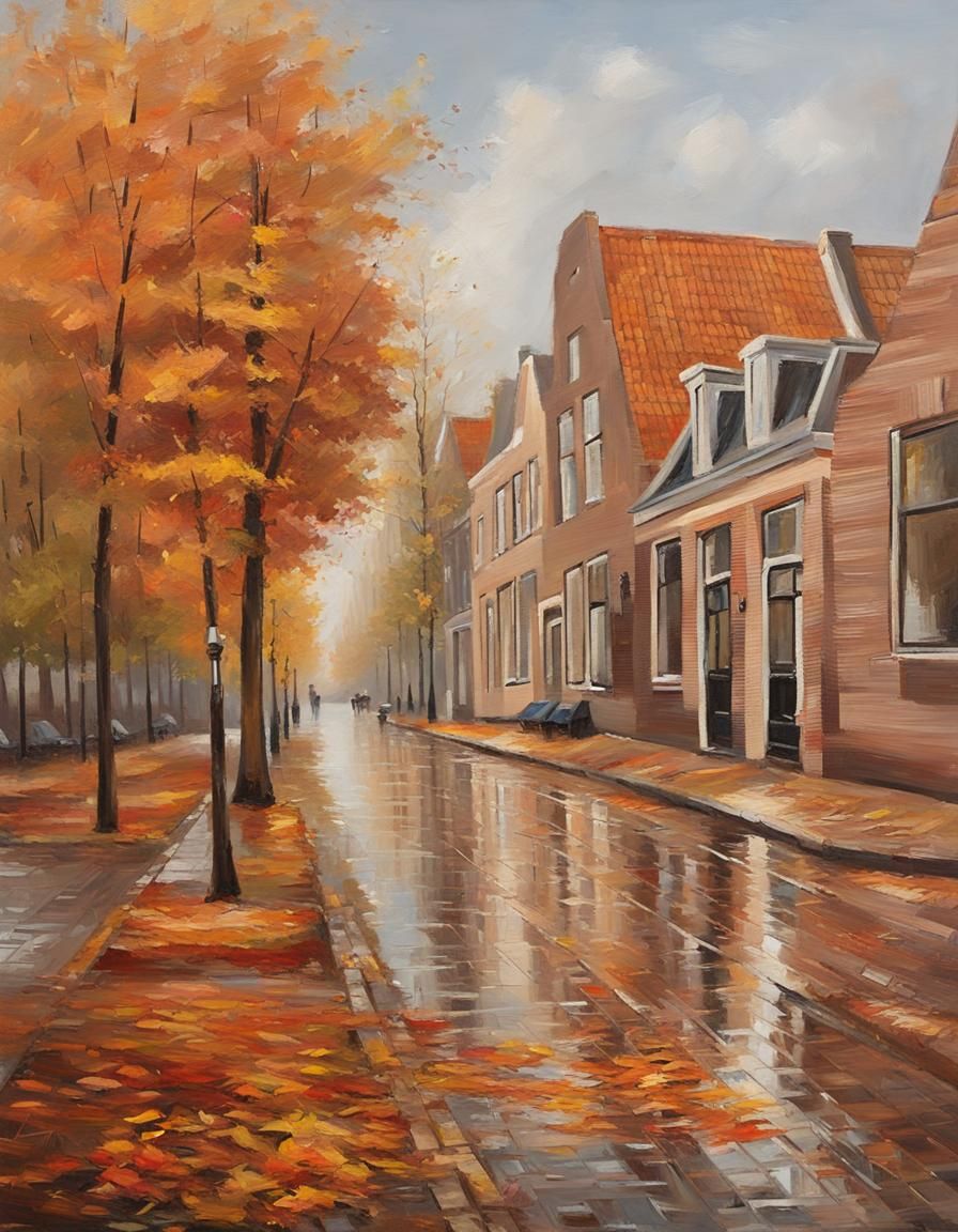 Autumn Street in the Netherlands: An Oil Painting
