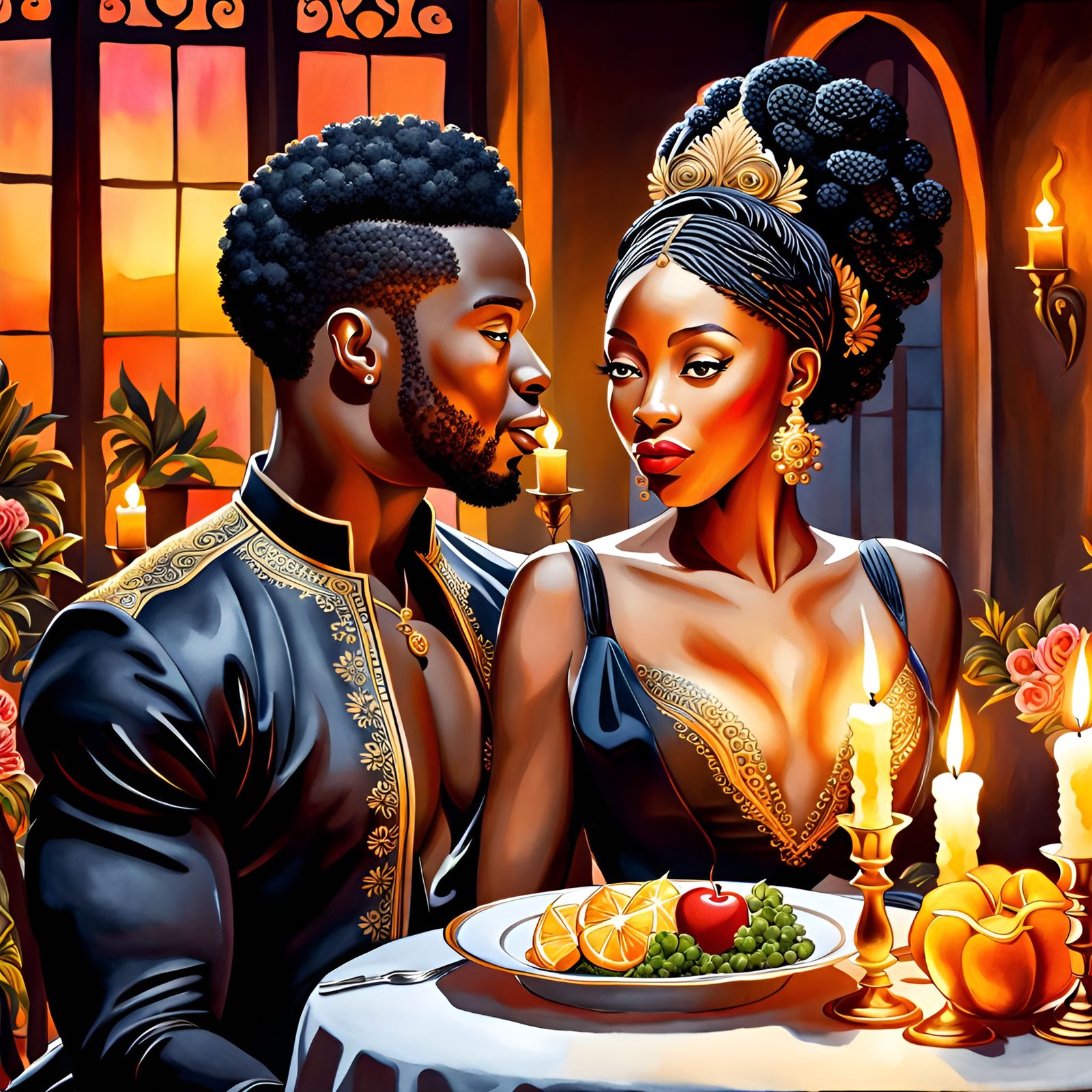 Romantic Candlelight Dinner: Watercolor Illustration of Lovi...