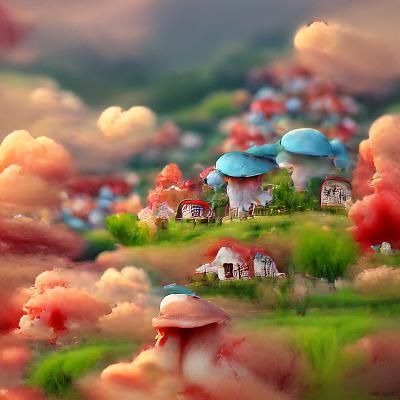 Fairy Town Landscape with Mushroom Houses in Oil Painting