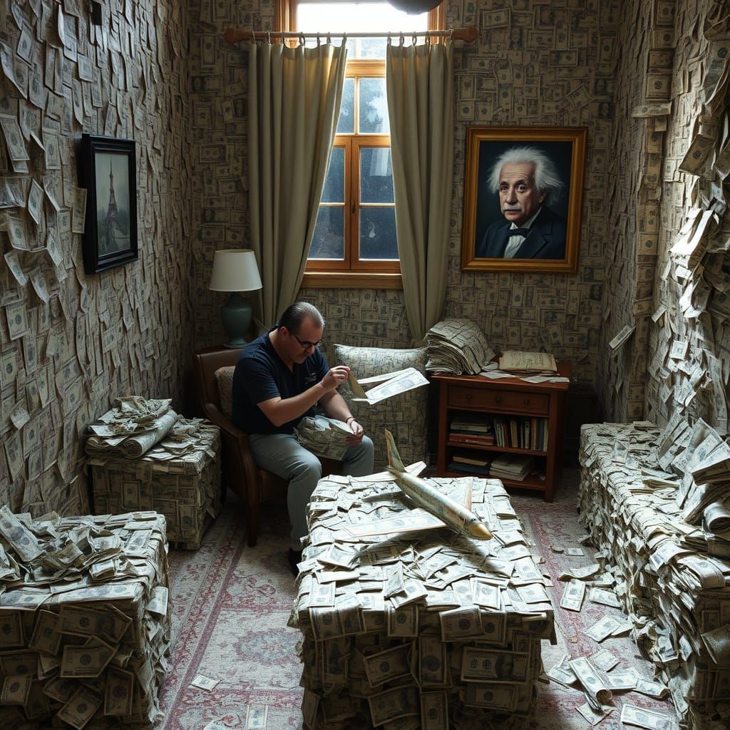 Money Room: Einstein's Gaze Over Banknote Walls