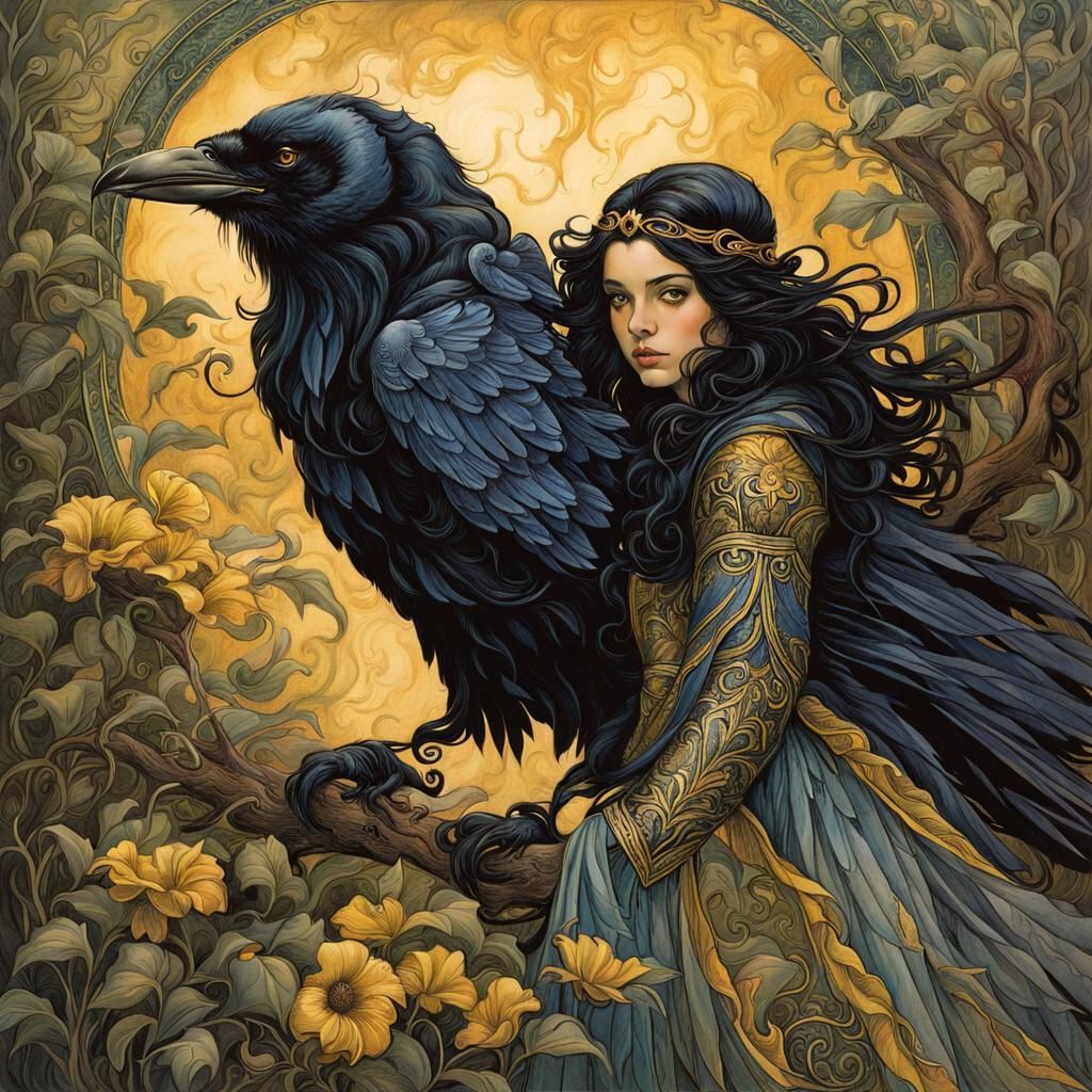 Ethereal Raven Illustration in Storybook Style