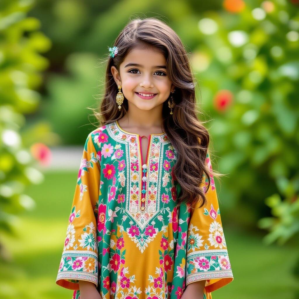Girl in Pakistani Dress in Lush Garden