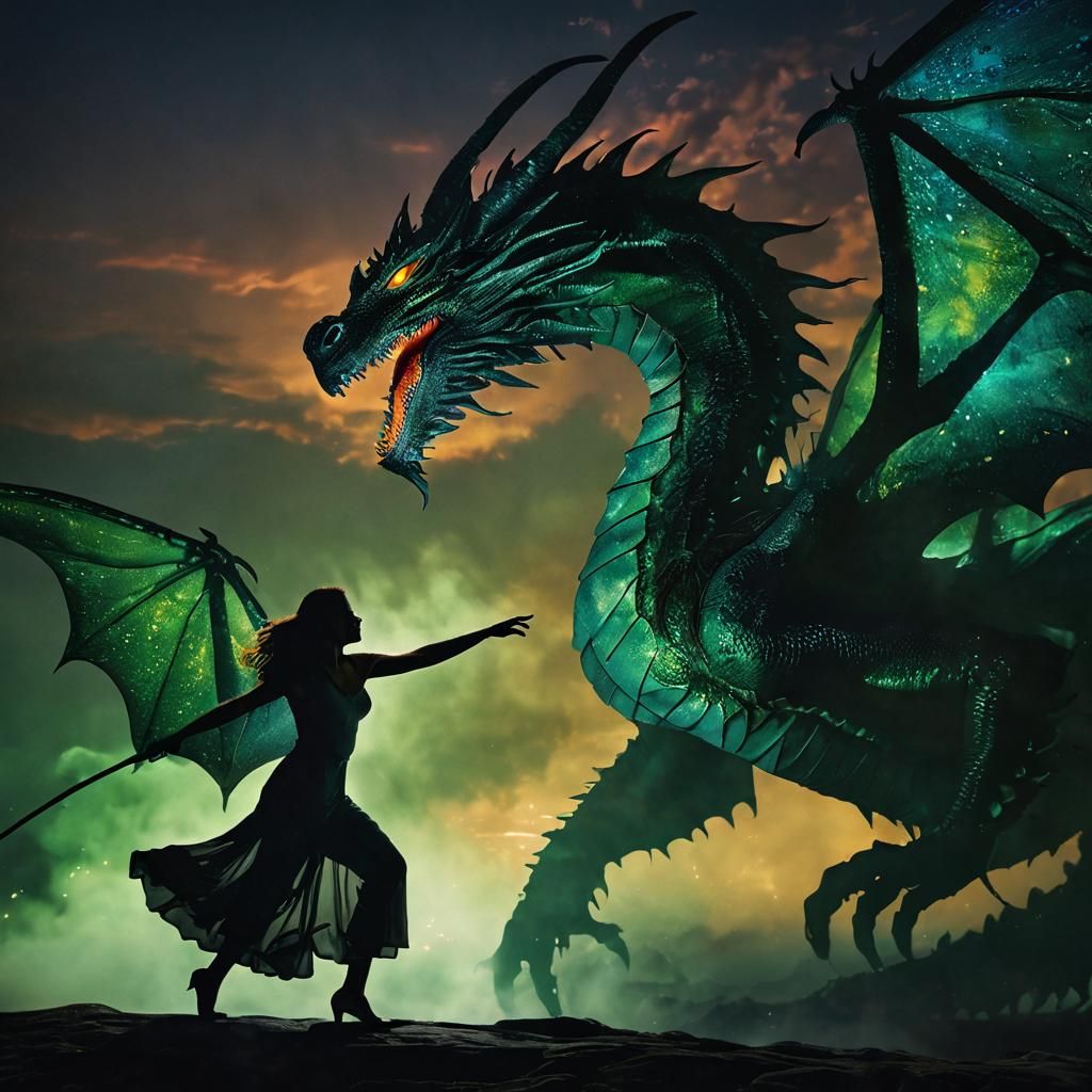 Woman Battles Luminous Dragon in Vintage Photo