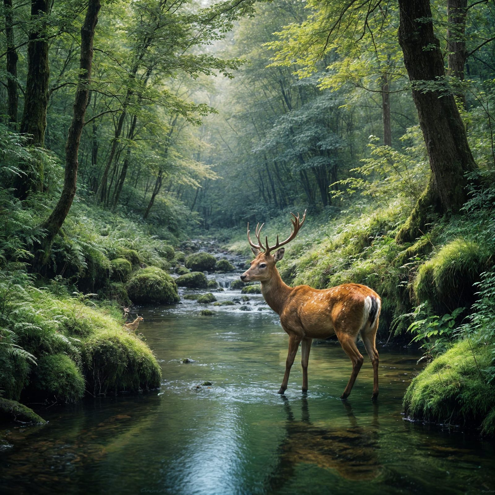 Majestic Forest Landscape with a Young Deer in a Natural Set...