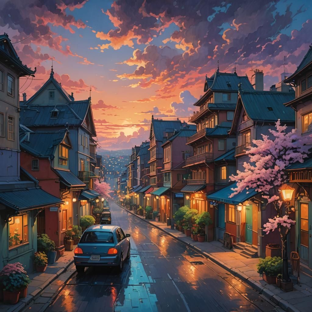 City at Dusk in Vibrant Oil Painting