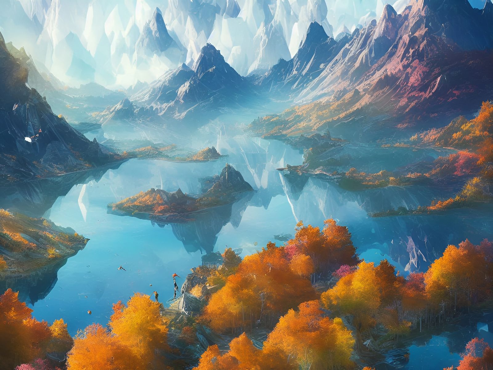 Epic Autumn Mountains at Lake: Digital Illustration