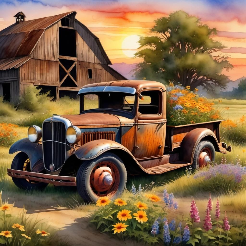 Abandoned Rat Rod Pickup at Sunset: Watercolor Style