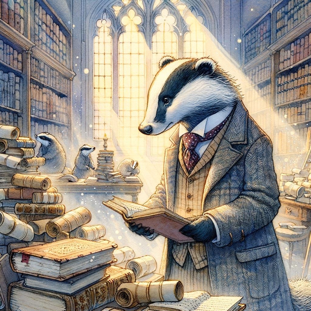 Badger in Tweed Suit Cataloging Books, Victorian Watercolor