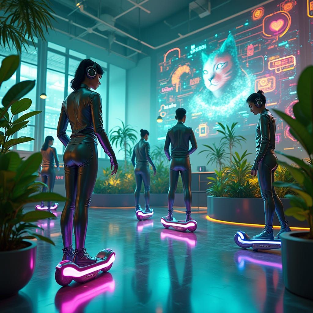 Future Office with Levitating Scooters and Holographic Displ...