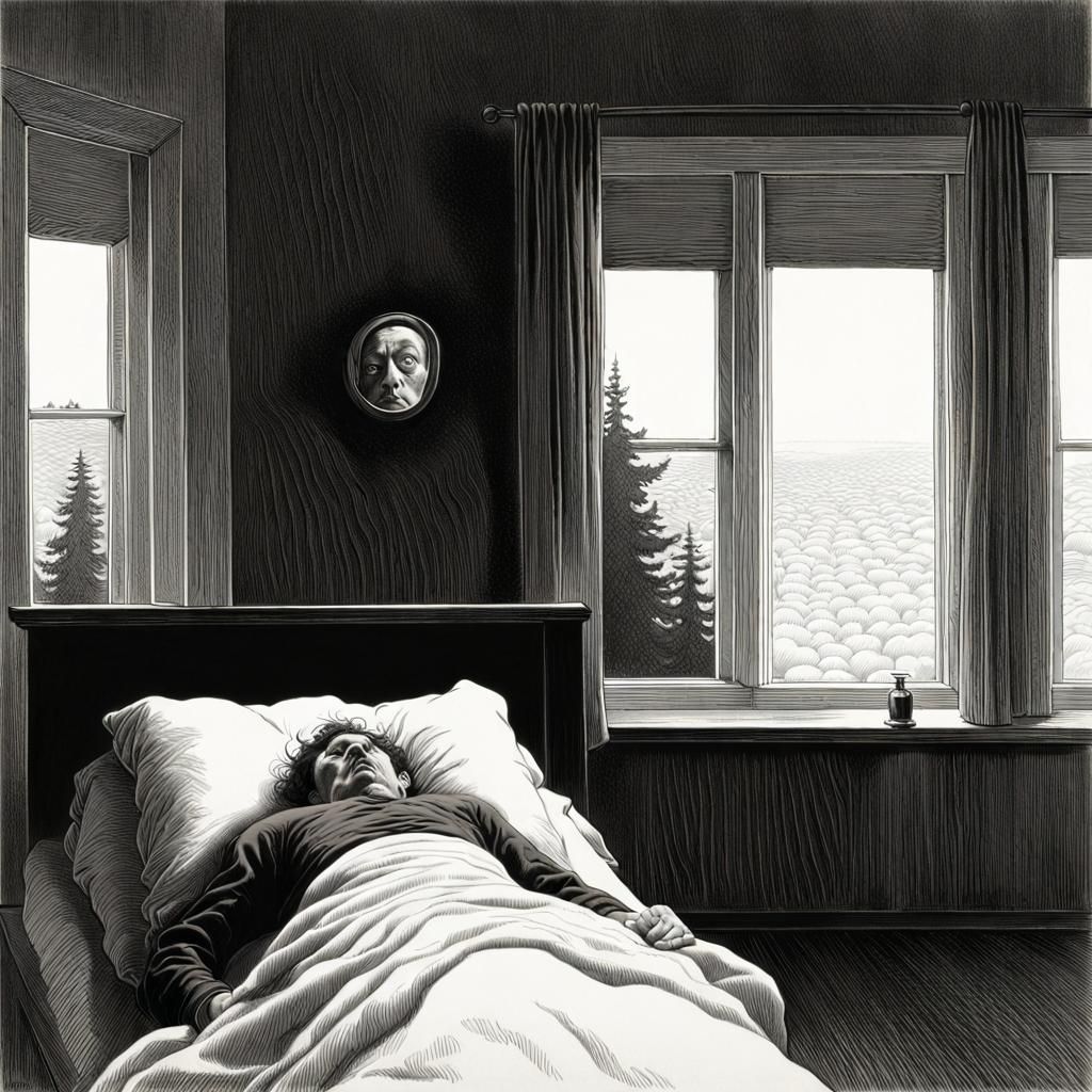 A Man Wakes in a Nightmare in a Crude, Black and White Drawi...