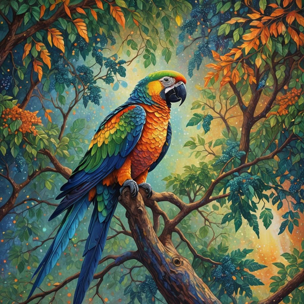 Pointillist Parrot in Rainbow Tree Masterpiece