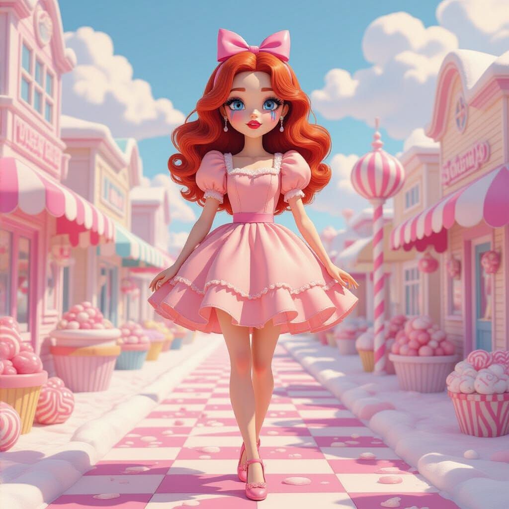 Living Doll in Candy Village, Whimsical Digital Illustration