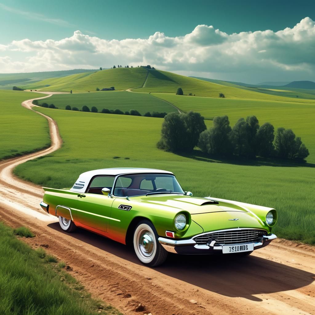 Rainbow Fantasy Car on Green Hills