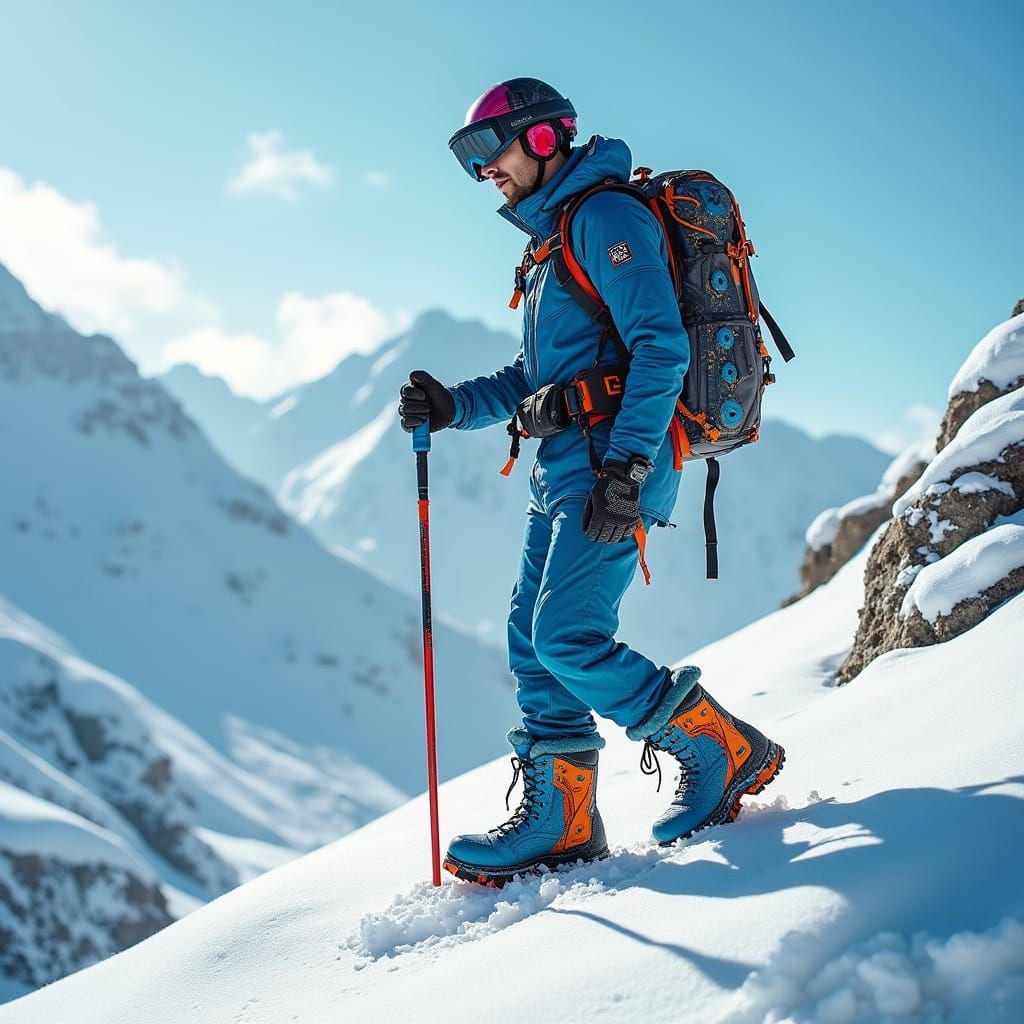 Hiker on Snowy Mountain in Industrial-Futuristic Style