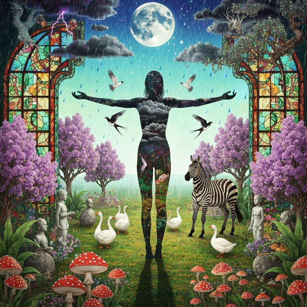 Surreal Garden Figure in Glitch Art Moonlight