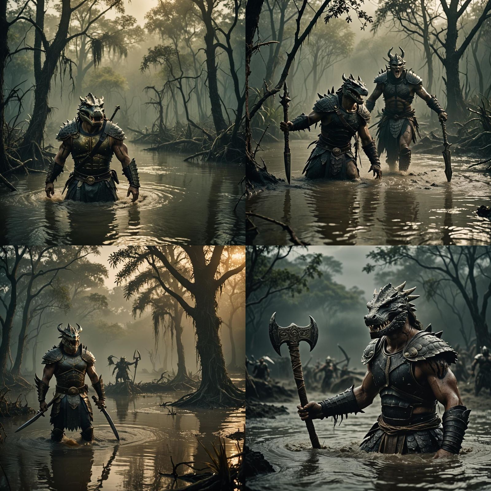 Crocodile Gladiator in Murky Swamp: Cinematic Film Still