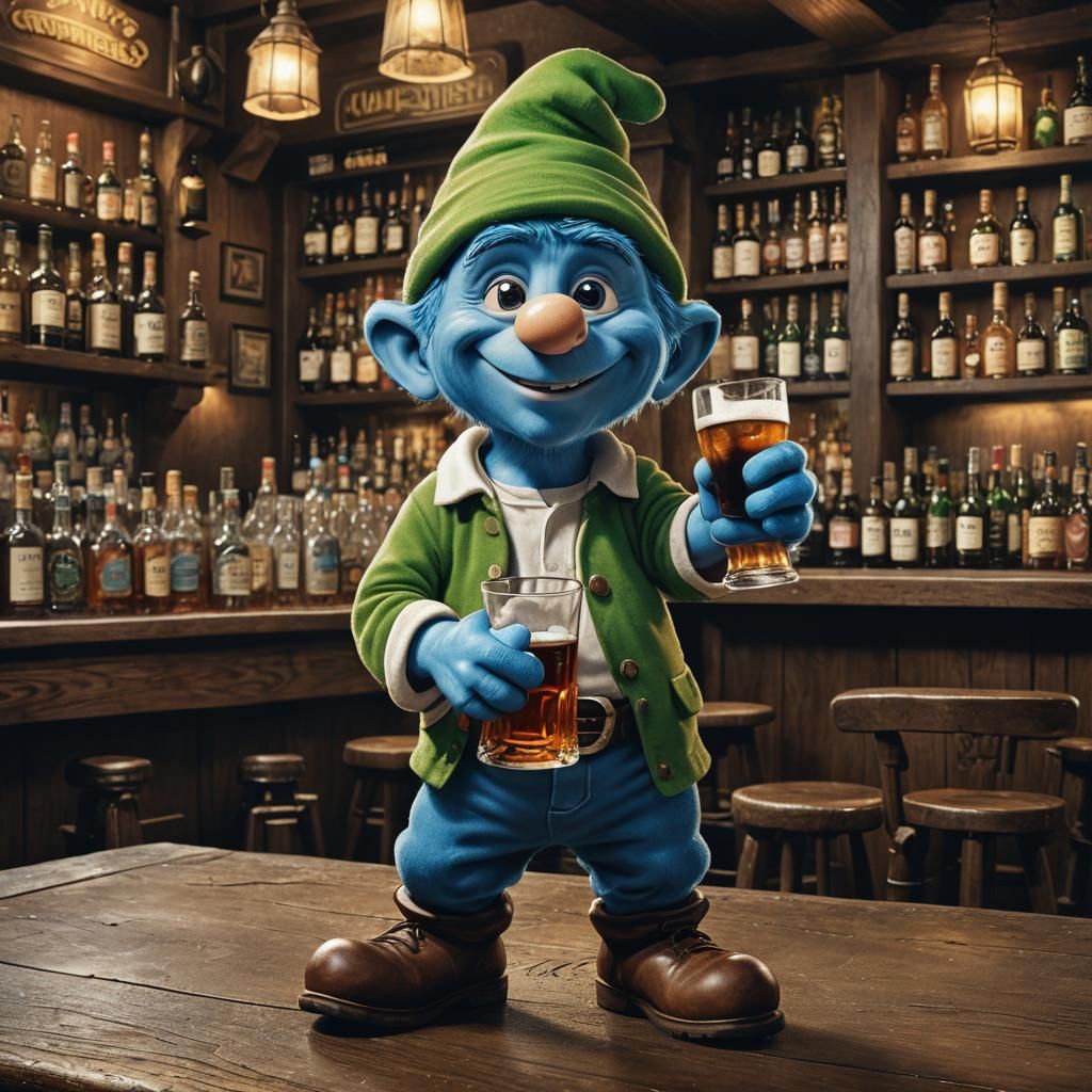 Irish Smurf with Whiskey in Pub: Hyperrealistic Image
