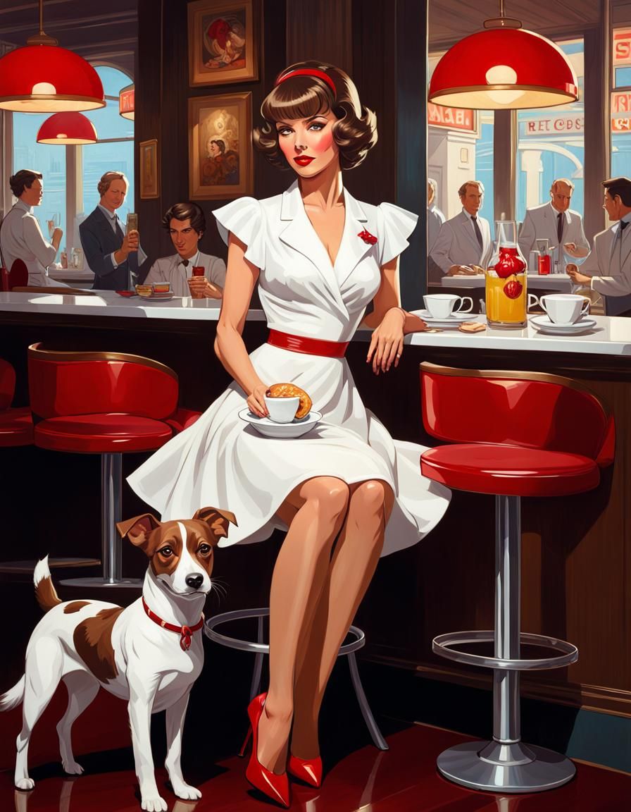 Woman with Dog Having Breakfast, Art Nouveau Portrait