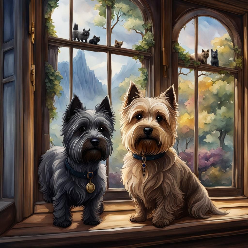 Cairn Terriers in Watercolor Watching Window