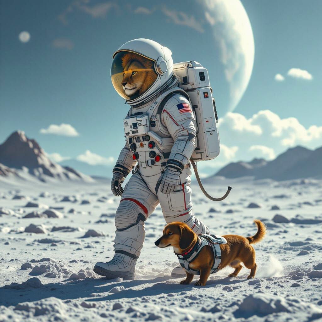 Lion and Dachshund Astronauts on the Moon