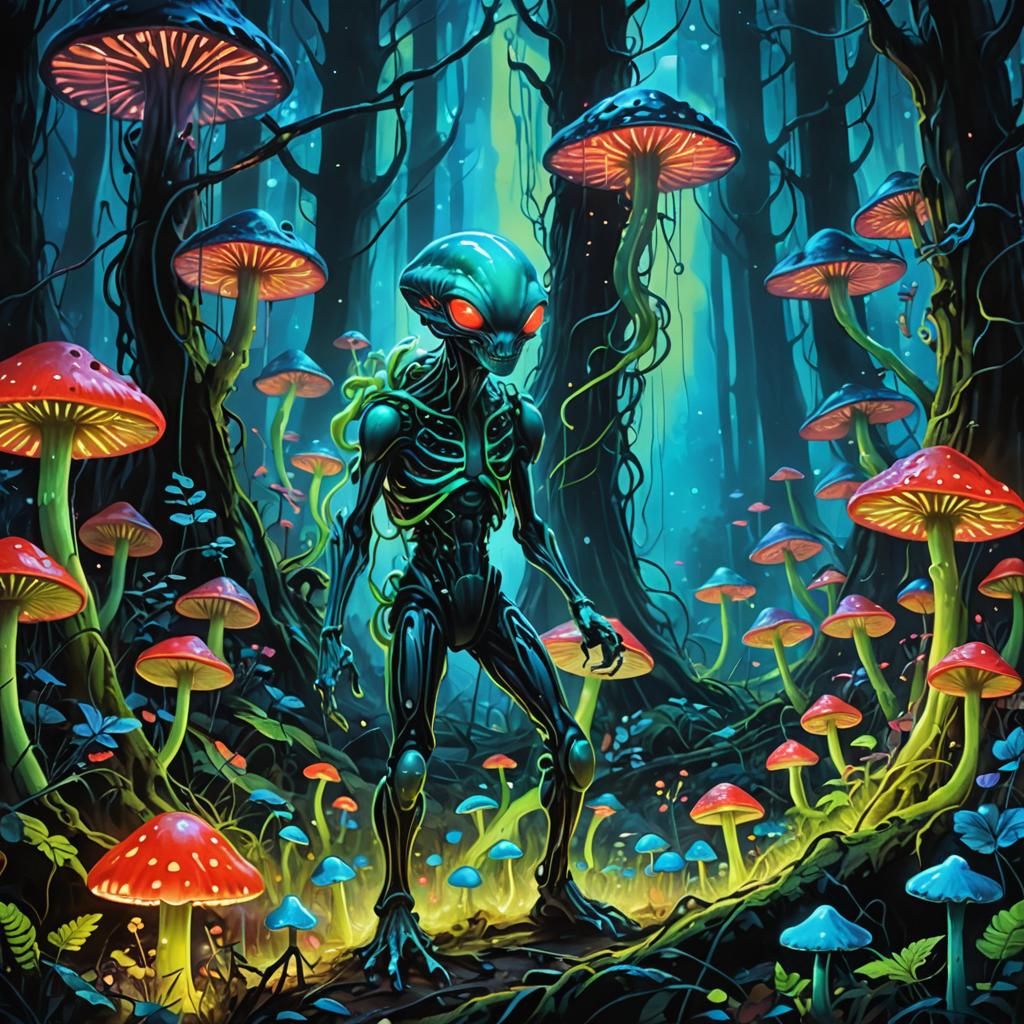 Bioluminescent Alien in Neon Forest, Oil Painting