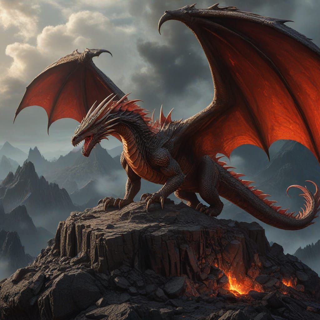 Majestic Fire Dragon Soaring Over Volcano in Fantasy Style