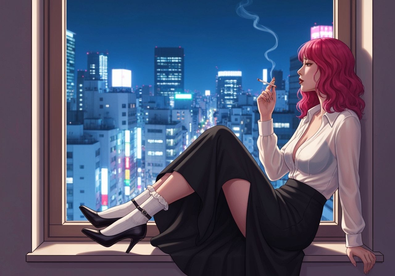 Woman Smoking in Tokyo Nightscape: Futuristic Digital Art