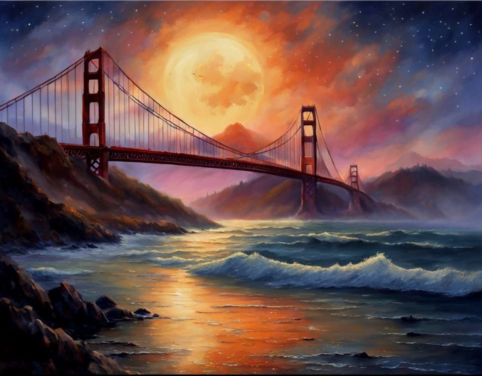 Golden Gate Bridge Illuminated in Dreamy Steampunk Twilight