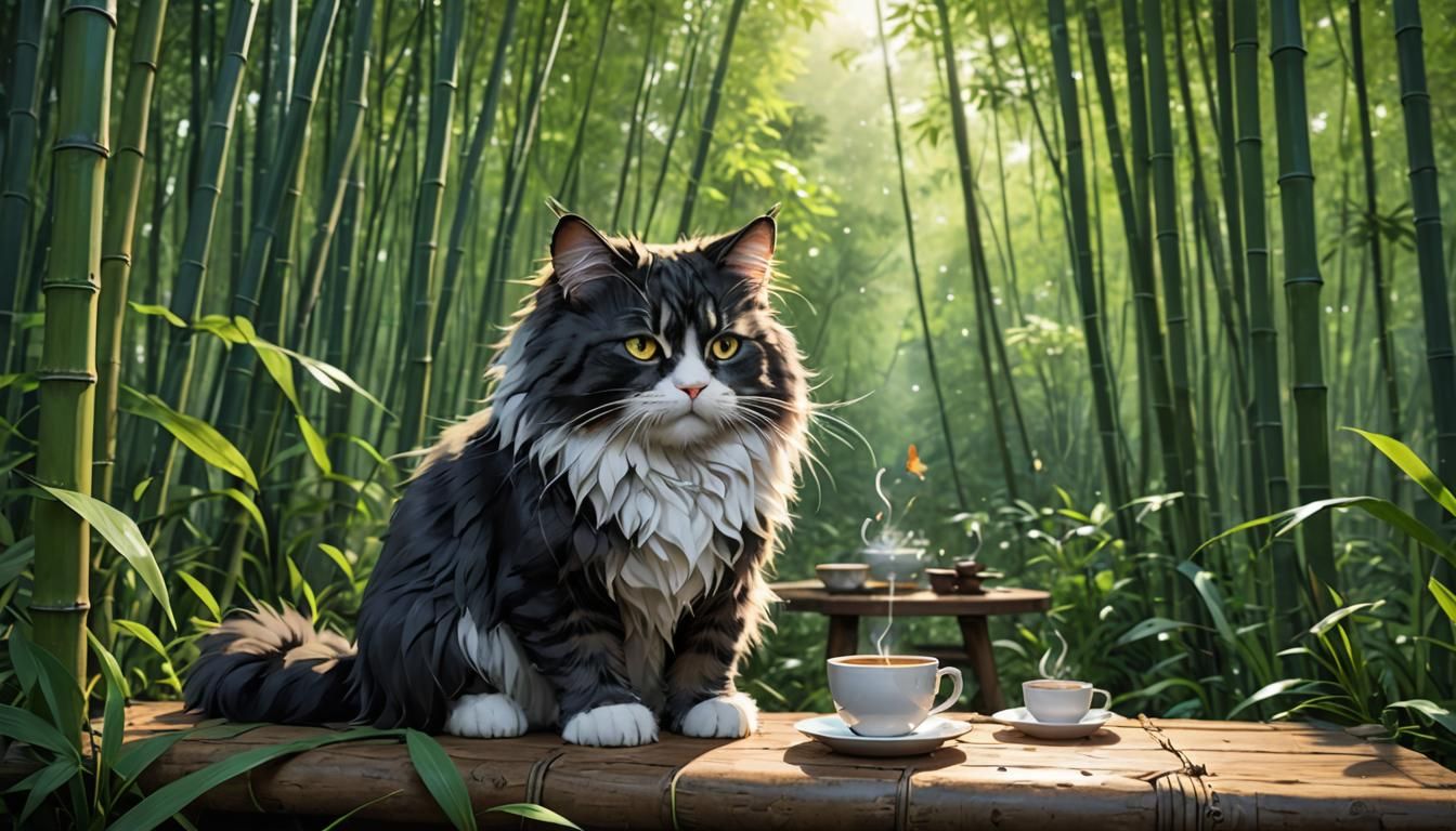 Norwegian Forest Cat's Morning Coffee: 3D Anime Art
