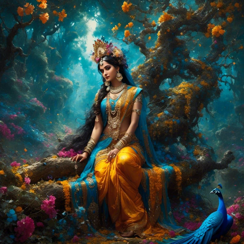 Radha and Krishna Embrace in Forest, Abstract Art