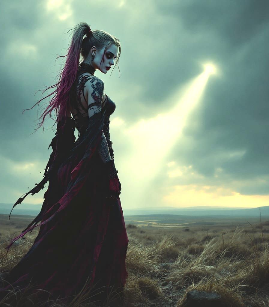 Harley Quinn in Gothic Robes on a Stormy Moor