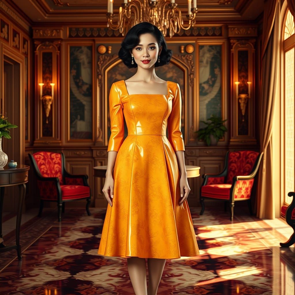 Woman in Glazed Ceramic Dress, Photorealistic Style