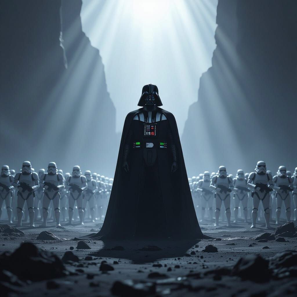 Darth Vader Leads Stormtrooper Army on Desolate Planet