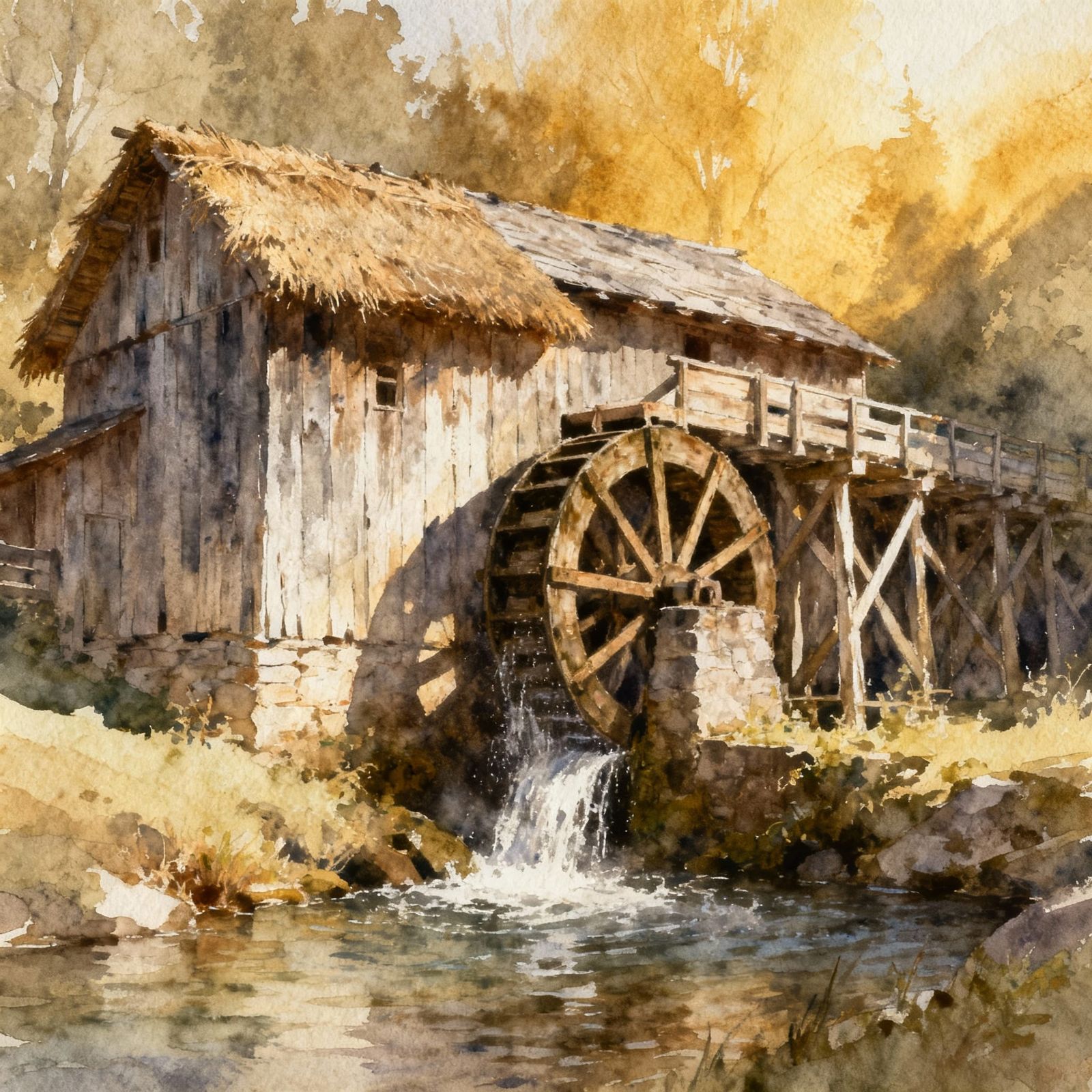 Old Watercolour Watermill With Flowing River