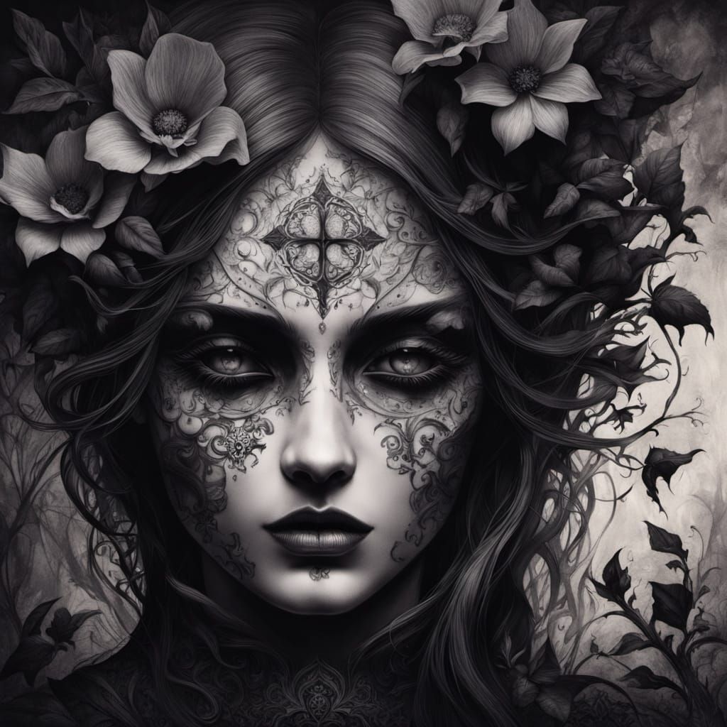 Gothic Charcoal Drawing of Haunting Face with Flowers