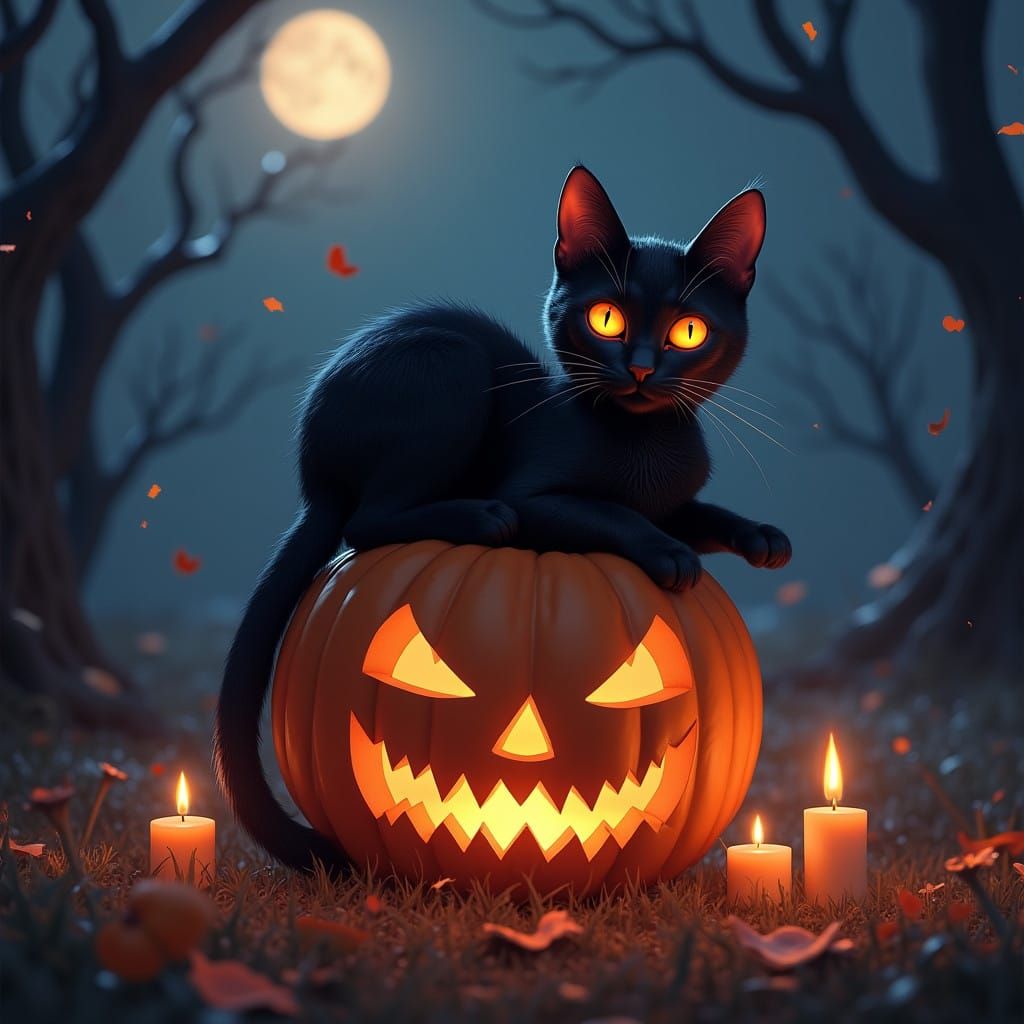 Sleek Black Cat Confronts Glowing Jack-o'-Lantern Under Dark...