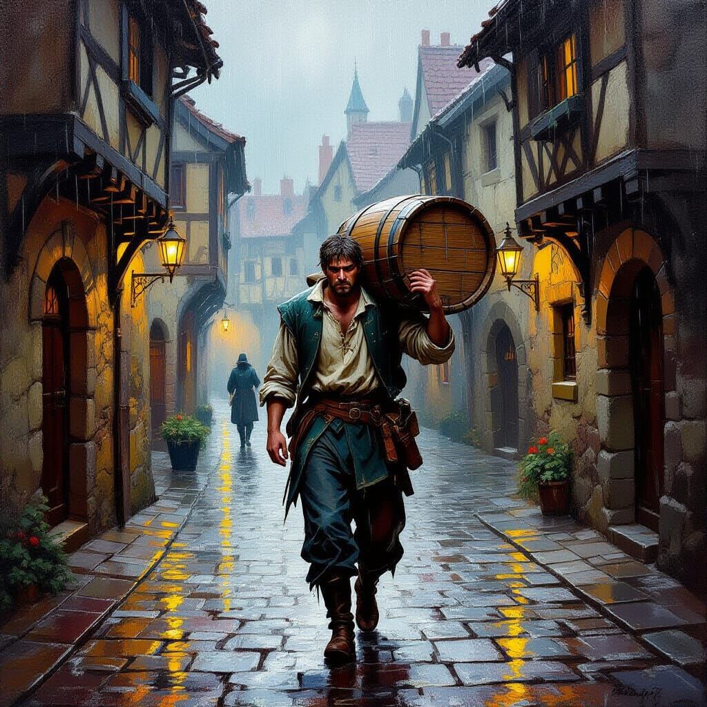 Medieval Man Walks in Rain: Oil on Canvas