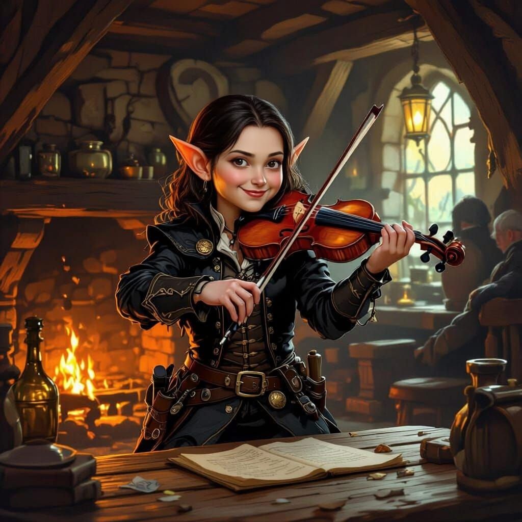 Halfling Bard Winks While Playing Violin in Tavern