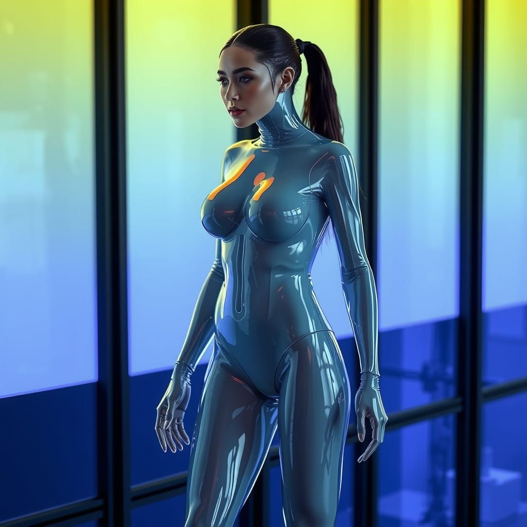 Sultry Woman in Shimmering Silicone Suit