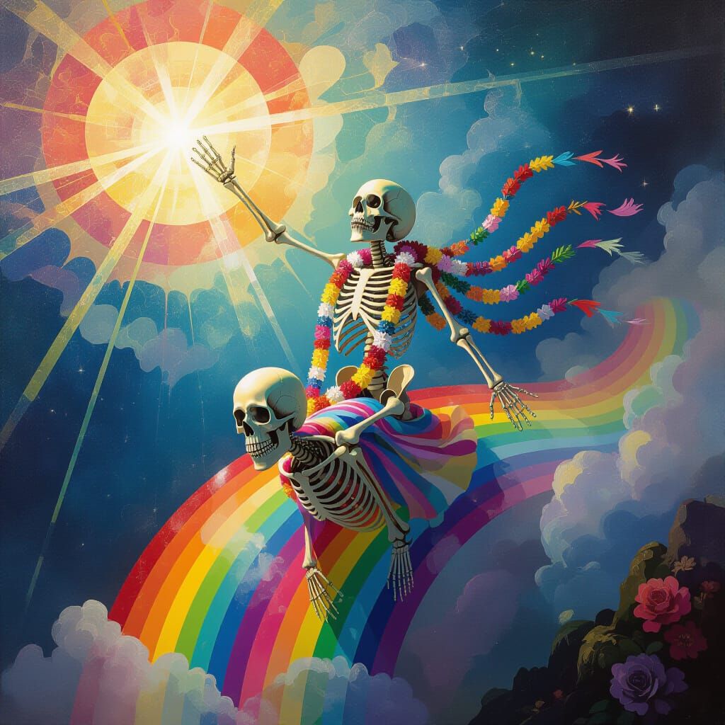 Skeleton of Death Rides Rainbows in Ethereal Light