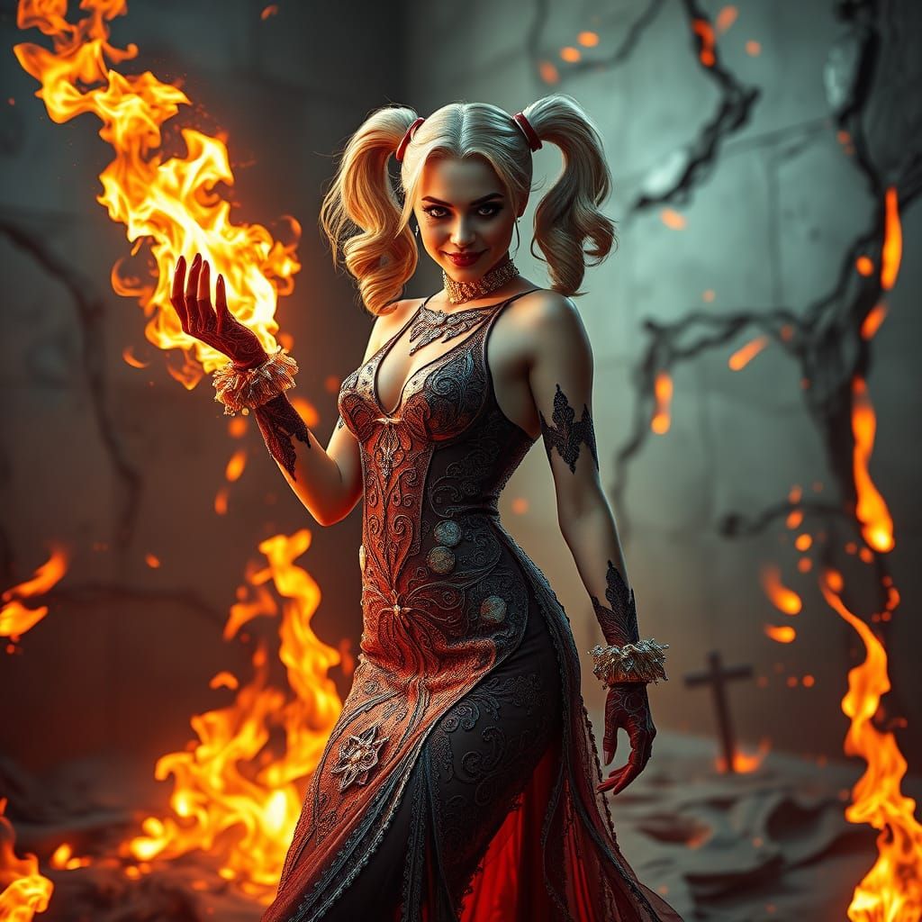 Harley Quinn Engulfed in Flames, Art Nouveau Style