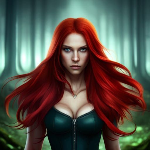 Fantasy Girl with Red Hair in Detailed Forest