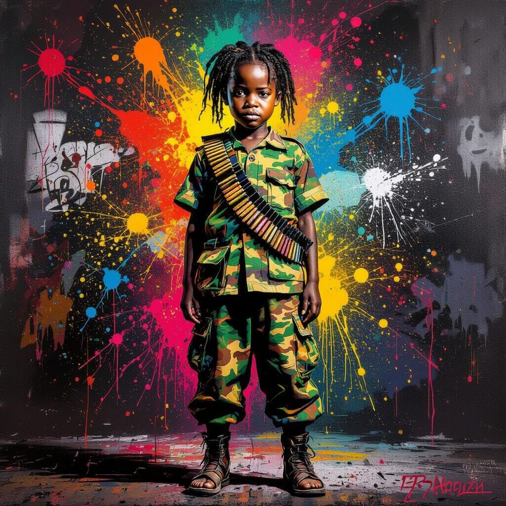 African Girl Soldier Portrait in Vibrant Graffiti Style