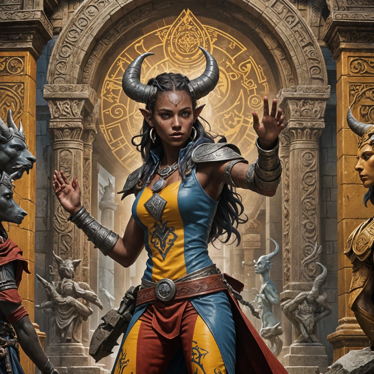 Blue Tiefling Conjures Magic in Ancient Temple