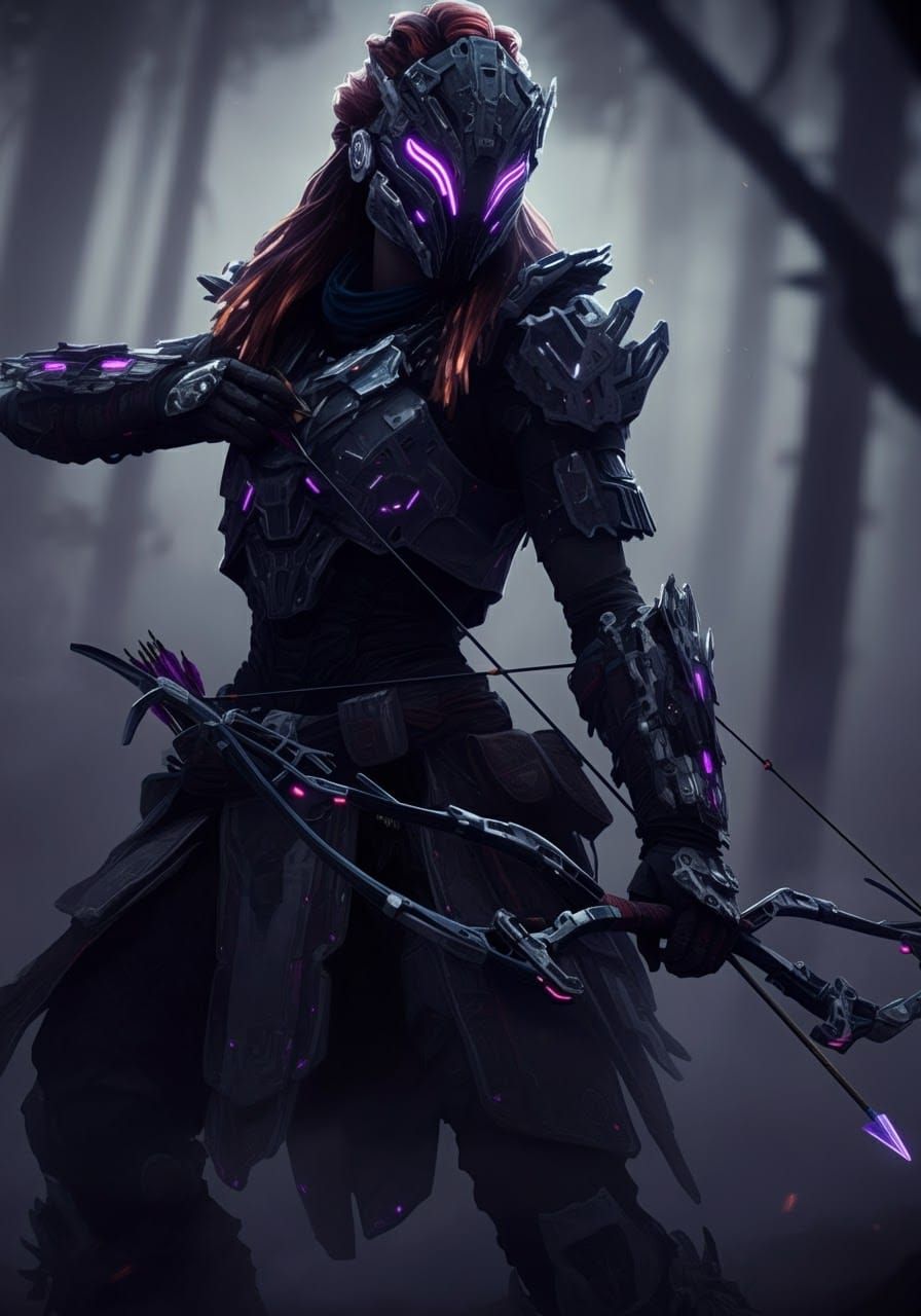 Aloy in Carja Armor Amidst Misty Forest