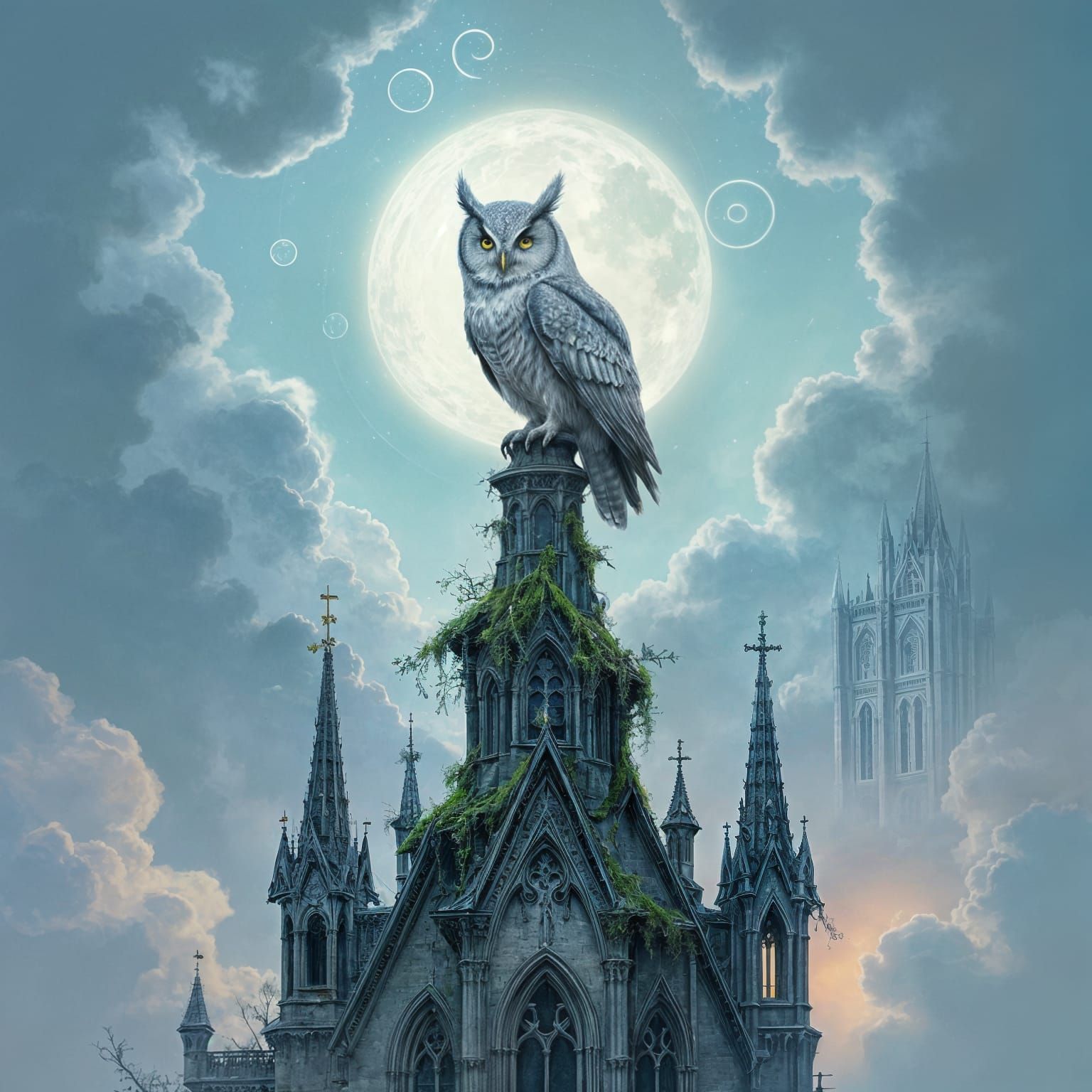 Enchanted Owl on Cathedral Spire in Watercolor Style