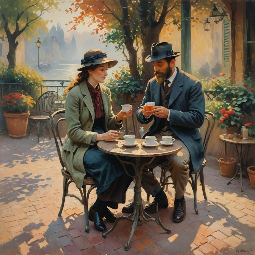 Impressionist Couple Sharing Coffee and Wine