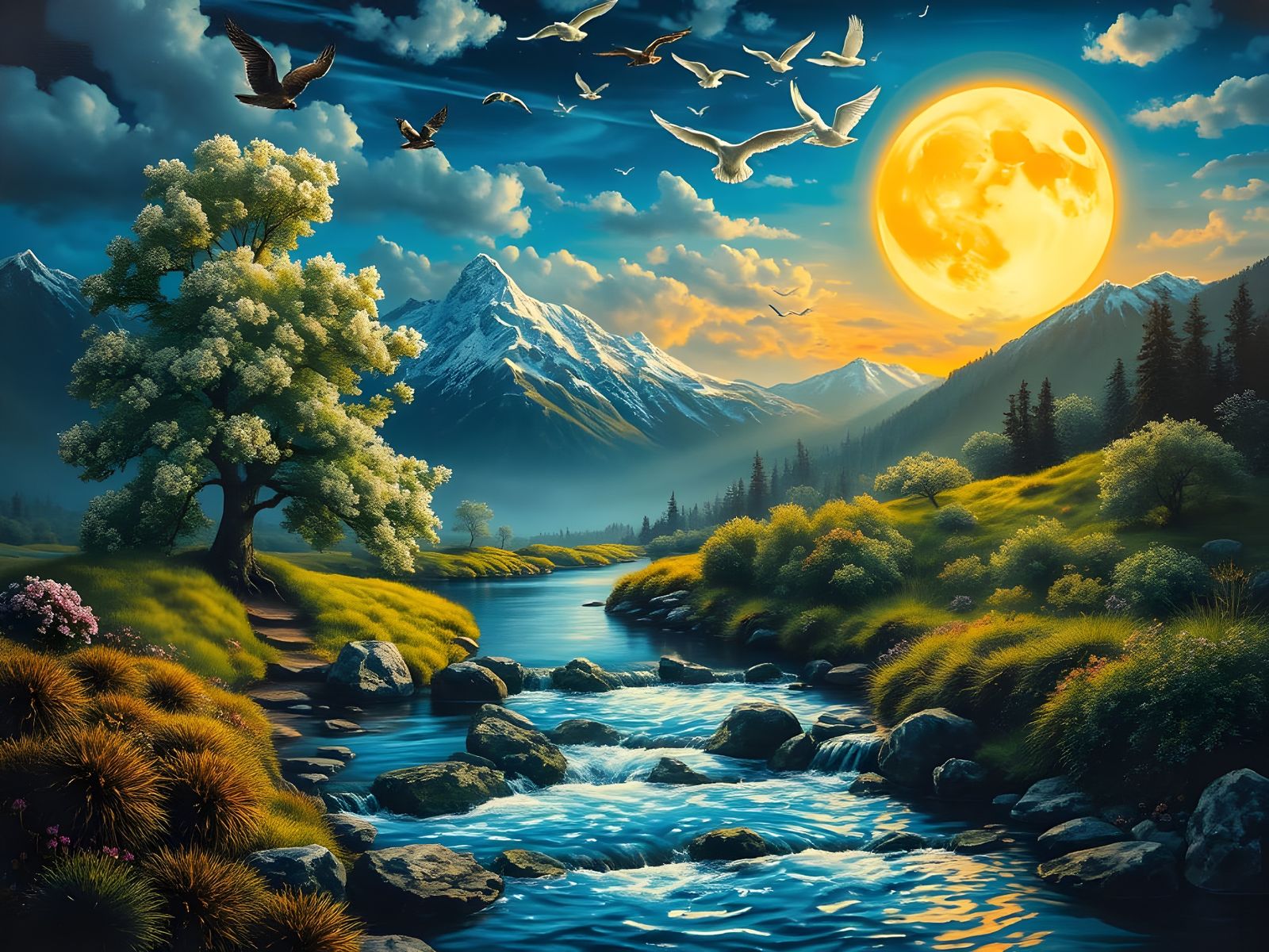 Surreal Moonlit River Landscape Oil Painting
