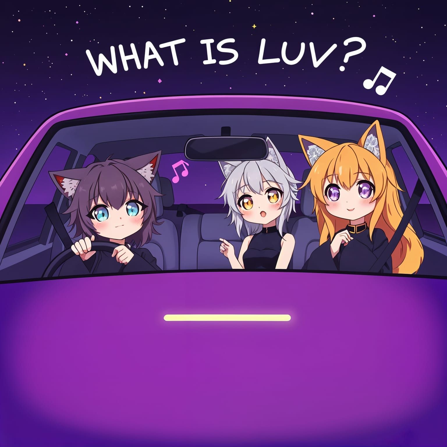 Moody Anime Catgirls Jamming to Music in a Purple Car at Nig...